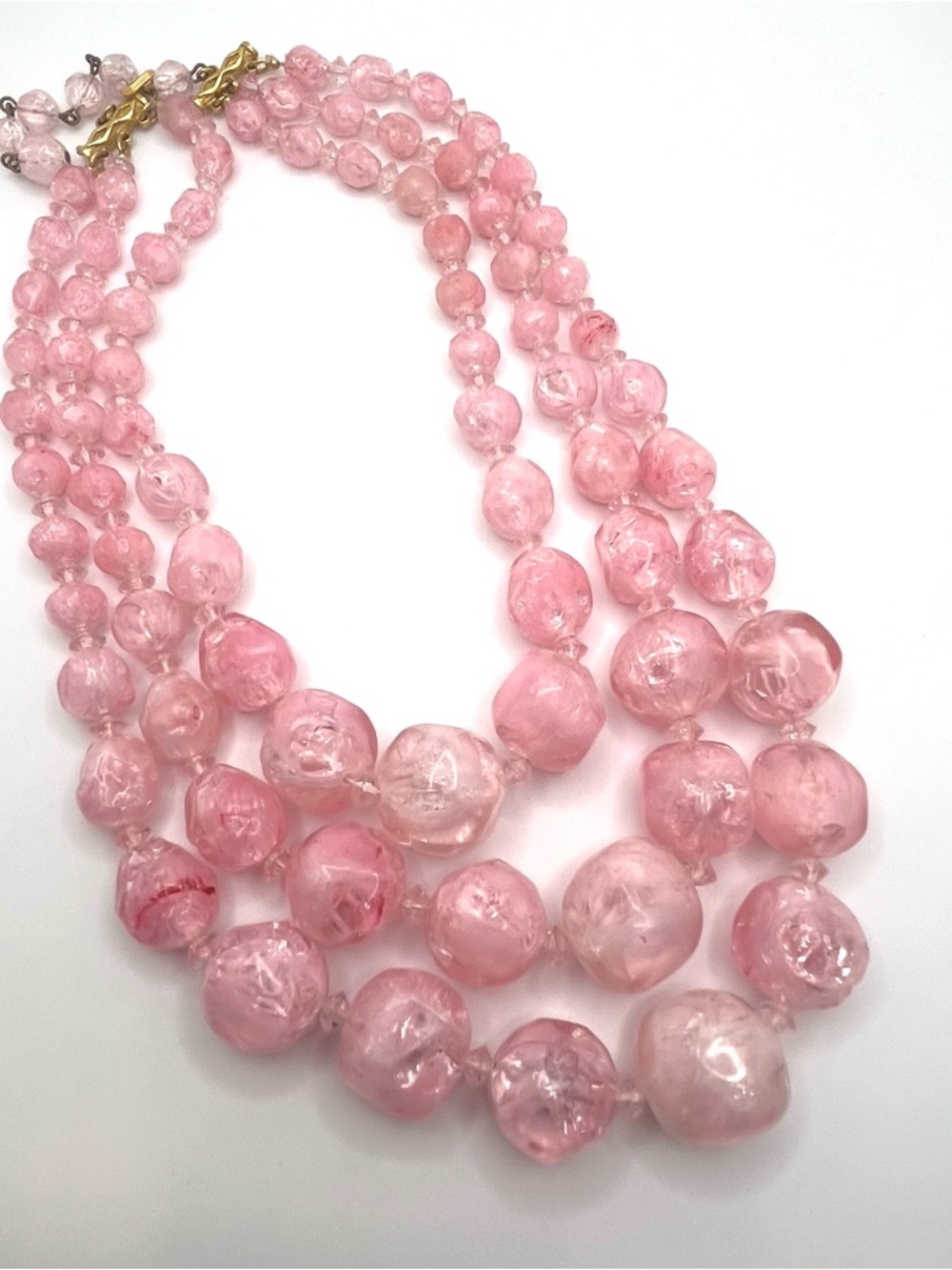 Vintage Carnegie Pink Glass Bead Necklace 3 Strand Chunky Signed Statement - Picture 7 of 8